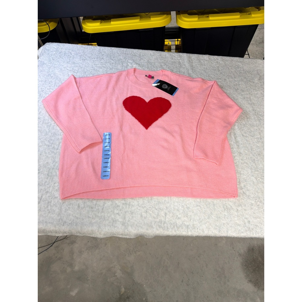 Vince Camuto Women Pink Heart Intarsia‎ Knit Crewneck Sweater Large 7726200 NEW